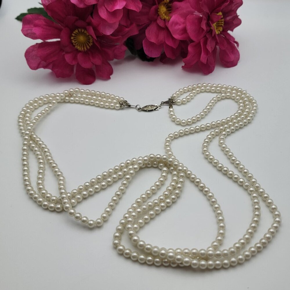 Vintage D.B. Metal Faux Pearl Necklace 29" White 3-Strand 4.8mm